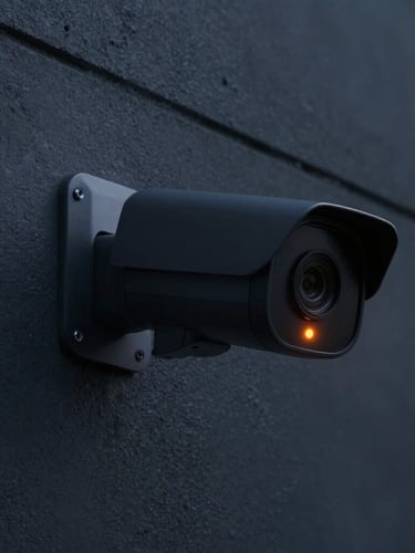 Close-up of a modern smart security camera mounted on a clean dark concrete wall, orange status LED glowing, dramatic low-key lighting, 35mm