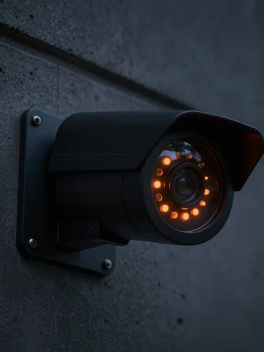 Dramatic close-up of a matte black high-tech security camera mounted on a concrete wall, sharp focus, safety orange status LED glowing, low-key night lighting, cinematic 35mm.