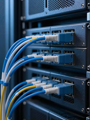 Macro photograph of modern server racks in a secure data center, cool blue studio lighting, sharp focus on fiber optic cabling, deep slate tones.