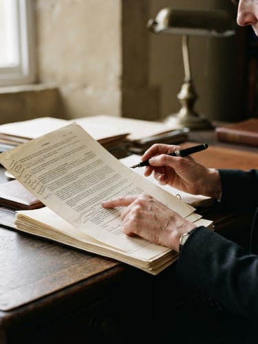 Close-up of a solicitor's hands meticulously reviewing physical legal documents on a dark wooden desk, soft overcast British daylight, 35mm film grain, muted forest green and stone tones.