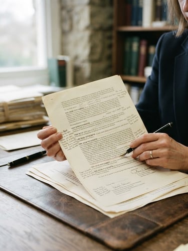 Close-up of a solicitor's hands reviewing a complex legal document on a desk, soft overcast British daylight, muted forest green and stone tones, 35mm film grain, generous negative space on the left.