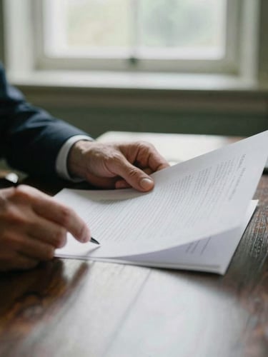 A close-up of a solicitor's hands reviewing physical legal documents on a dark oak table, soft window light, muted forest green tones, editorial documentary style.