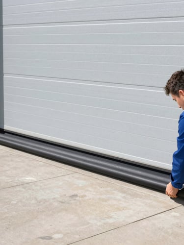 A technician in a clean uniform installing a thick black rubber weather seal on the bottom edge of a modern steel garage door, daylight