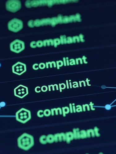 Macro close-up of a digital interface displaying a data validation report with green 'compliant' indicators and abstract neural network lines, crisp studio lighting, vibrant teal accents, high-contrast.
