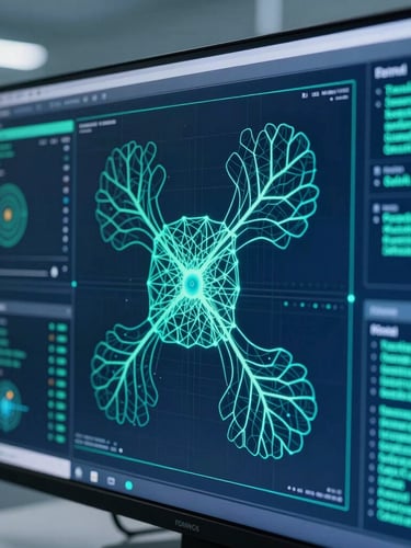 Macro close-up of digital interfaces displaying complex multi-modal clinical data being synthesized by a neural network, vibrant teal and deep navy colors, sharp geometric patterns, clean laboratory environment, cool studio lighting.