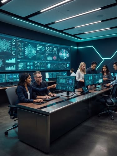 Wide panoramic shot of a modern, high-tech clinical trial control room, large data displays showing complex graphs and neural networks, professional researchers collaborating intently, crisp studio lighting with vibrant teal neon accents, high-contrast, sharp focus.