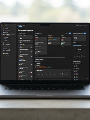 Sleek, high-resolution close-up of a dark-mode Notion dashboard rendered on a premium metallic laptop screen, minimalist desk setup, soft diffused studio lighting, neutral cool tones, sharp focus.