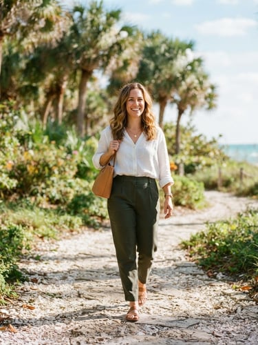 Professional portrait of a female therapist, mid-30s, smiling confidently, walking on a sun-dappled Florida coastal path with lush palm trees in the background, warm morning sunlight, soft focus, 35mm.