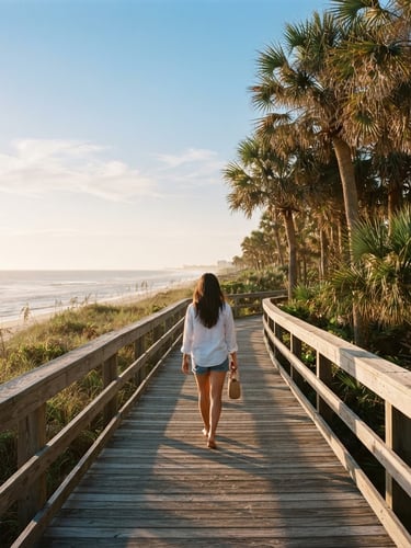 Wide panoramic Florida coastal path at golden hour, an individual walking away from the camera, sun dappling through palm trees, clear blue sky, low horizon, bright editorial photography, warm morning sunlight, clean coastal tones, soft focus, natural movement, 35mm