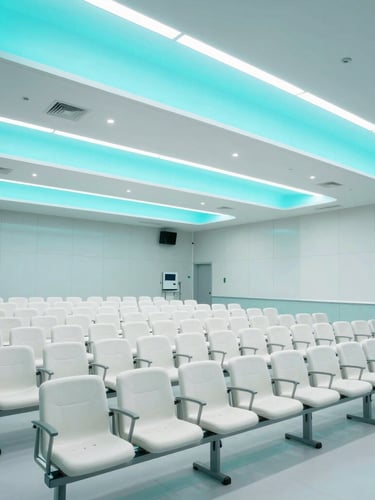 Clean bright medical conference hall with modern cyan lighting, empty white surgical-grade seating, structured clinical aesthetic, wide angle.