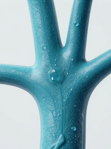 Macro close-up of a scientific medical diagram illustrating vascular anatomy, sterile cyan tones, clean studio lighting.