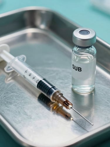 Macro close-up of a sterile medical syringe and vial on a clean steel tray, clinical teal lighting, objective scientific composition.