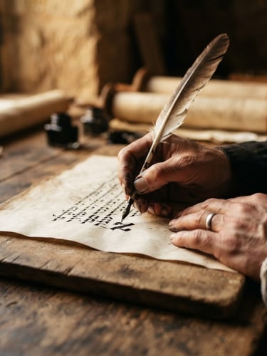 Macro close-up of a scribe's hand holding a quill, writing Hebrew letters on aged parchment with rich iron-gall ink, dramatic warm side-lighting, shallow depth of field, natural wooden workspace in Jerusalem.