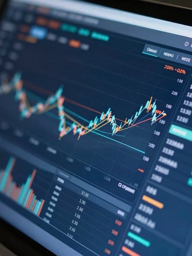 Close-up macro of a modern financial dashboard on a sleek screen, showing data lines and charts, cool blue lighting
