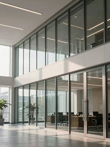 Clean architectural lines of a modern corporate legal office with glass partitions, soft daylight filtering through, professional and calm environment.