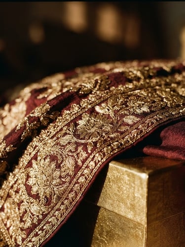 Dramatic close-up macro shot of dense gold zari embroidery on deep maroon Banarasi silk draped over a luxury rigid gold-foiled gift box, soft golden-hour window light, rich shadows, medium format film.