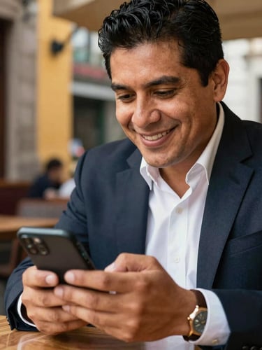 Close-up of a Mexican business owner smiling while looking at a WhatsApp chat on their smartphone in a warm, sunlit cafe in Mexico City, authentic lifestyle photography, 35mm lens