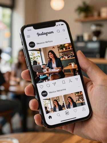Close-up of a modern smartphone screen displaying a beautifully designed Mexican brand Instagram feed, held by a business owner in a lively local cafe, warm natural lighting