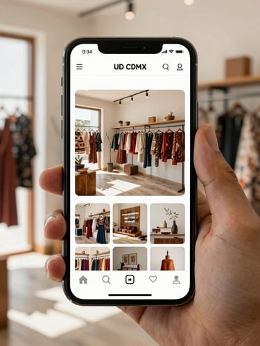 A high-contrast mockup of an aesthetic Instagram feed of a local Mexican boutique on a modern smartphone screen, held by a creative designer in a bright, sunlit CDMX studio, 35mm lens