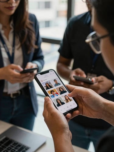 Close-up of a creative team collaborating over social media layouts on a phone screen, high-contrast natural light, urban Mexican office setting, 35mm lens