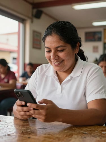 Dynamic low-angle shot of a busy local Mexican restaurant owner smiling while looking at her smartphone, warm natural light, authentic street background visible through the window, 35mm lens.