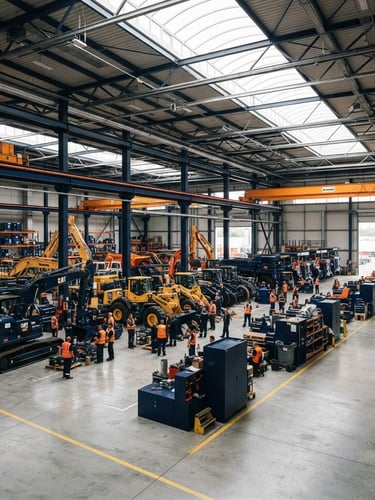 Wide panoramic shot of a pristine heavy machinery warehouse, bright natural daylight streaming through skylights, high-contrast navy and safety orange tones, sharp focus, 35mm