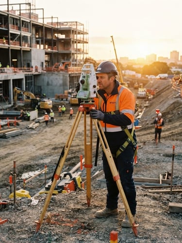 Wide environmental shot of a professional surveyor operating a total station on a construction site at golden hour, crisp industrial photography, bright natural daylight, high-contrast navy and safety orange tones, sharp focus, 35mm.
