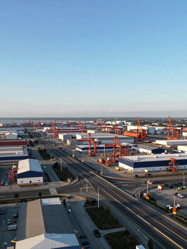 Wide aerial view of a major industrial zone at golden hour, showing proximity to a highway interchange and a port in the distance, expansive sky, low horizon, crisp industrial photography, bright natural daylight, high-contrast navy and safety orange tones, sharp focus, 35mm.