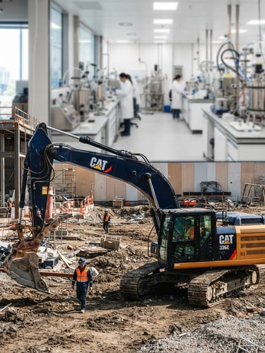 Wide environmental shot of a modern construction site with a heavy excavator in the foreground, and a blurred background showing sterile laboratory equipment, under high-contrast natural daylight, crisp industrial photography, high-contrast navy and safety orange tones, sharp focus, 35mm.