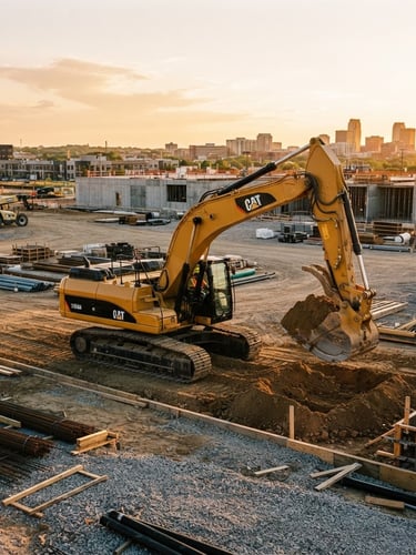 Wide shot of a modern yellow excavator on a clean construction site at golden hour, high-contrast natural daylight, sharp focus, 35mm, with a deep navy and safety orange color grading.