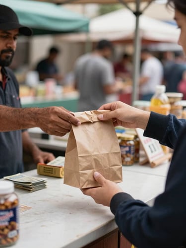 Close-up of a vendor handing a paper bag to a customer across a market stall counter, cash and products visible on the table, natural daylight, busy market background with other stalls blurred