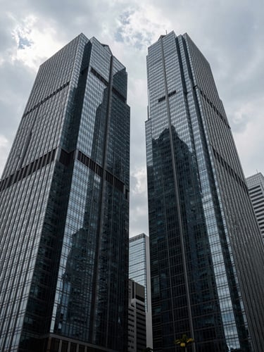 Low-angle architectural photograph of Jakarta's Sudirman Central Business District skyscrapers, sharp geometric glass facades, dramatic overcast daylight, deep shadows.