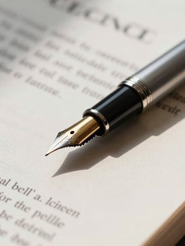 Extreme close-up of a fountain pen resting on heavy legal precedent documents, sharp architectural shadows cutting across the desk.