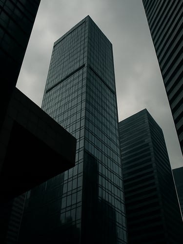 Low-angle architectural shot of sharp geometric lines in Jakarta's financial district, overcast daylight, deep shadows.