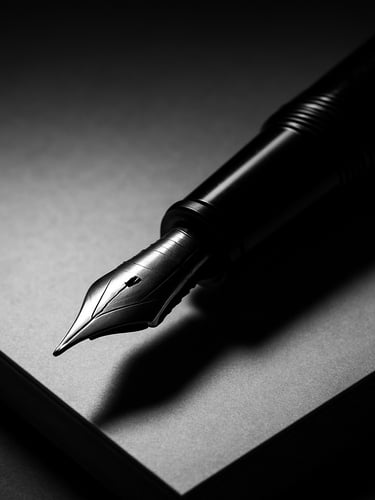Extreme close-up of a heavy fountain pen resting on thick bond paper, sharp interior boardroom shadows, high-contrast monochrome lighting.