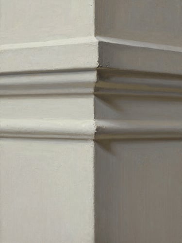 Macro close-up of a structural painting detailing thick plaster ridges and deep pigment density, natural diffused daylight, neutral background, architectural focus.