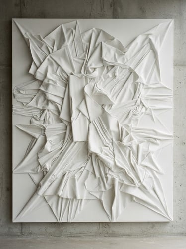 A large-scale three-dimensional white textured canvas hanging in a minimalist concrete gallery, soft natural side-light casting deep architectural shadows, medium format film.