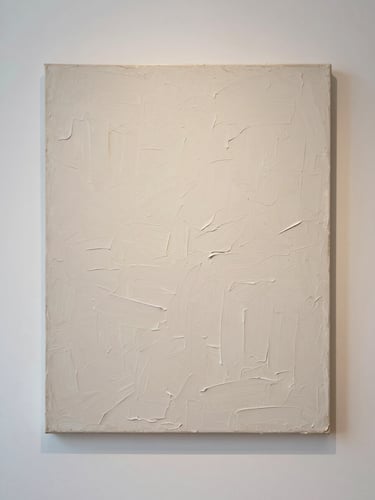 Frontal flat-on crop of a large-scale textured canvas with thick impasto paint strokes, neutral gallery background, soft natural side-light, medium format film