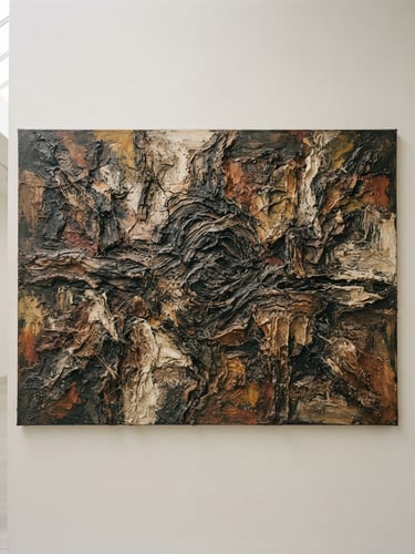 Flat frontal view of a large-scale texture-heavy structural painting on canvas, neutral gallery wall, diffused natural side-light, rich tactile textures, medium format film