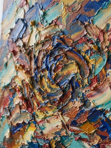 Extreme macro close-up of a highly textured contemporary oil painting, thick impasto brushstrokes, raw pigment density, soft natural daylight, neutral background