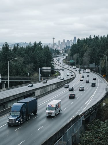 Wide environmental shot of a commercial transport corridor in the Pacific Northwest, overcast daylight, cool desaturated tones, sharp focus, 35mm lens
