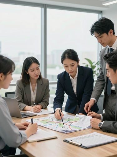 Professional team collaboration inside a bright, modern Pasco corporate office, advisors reviewing route maps and asset lists on a clean wooden table.