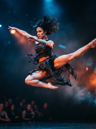 Dynamic action shot of a dancer mid-leap under neon blue and orange stage spotlights, sharp motion blur, high contrast, 35mm lens