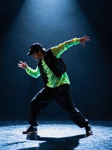 Dynamic action shot of a dancer in a sharp hip-hop pose, high-contrast neon cyan backlighting, dramatic stage shadows, 35mm lens.
