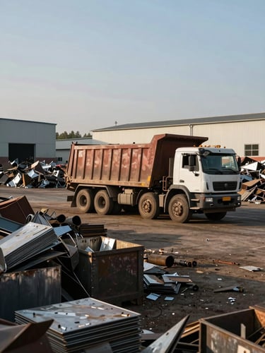Wide ground-level shot of a working scrapyard under flat afternoon daylight, a dump truck mid-unload on the right side of frame, sorted metal bins in the foreground, facility buildings visible in the background, no people in focus, industrial scale evident