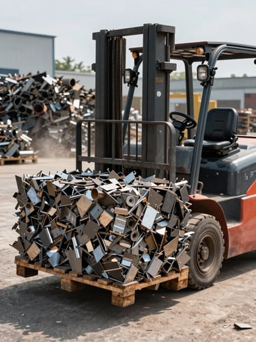 Ground-level close-up of an industrial forklift actively moving a loaded pallet of compressed metal scrap across a facility yard under midday sun, dust visible in the air, stacked material in the background