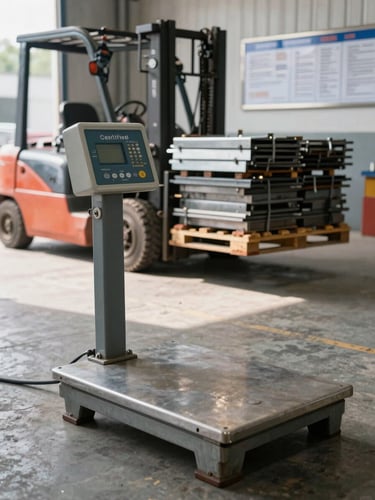 Close-up of a certified industrial floor scale with a forklift carrying a loaded pallet of sorted scrap metal in the background, afternoon daylight flooding a concrete facility floor, no people visible, operational documentation board on wall
