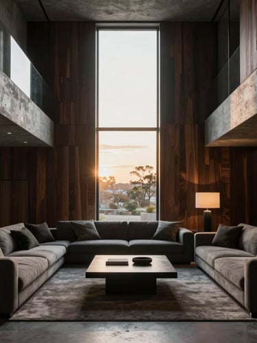 Symmetrical architectural crop of a luxurious dark-toned living room, raw concrete and dark oak paneling, soft golden hour light streaming through a tall window, high-contrast chiaroscuro.