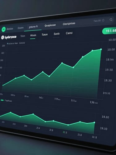 High-fidelity UI mockup of a clean financial dashboard on a dark screen, showing elegant green growth curves, minimal cash flow charts, cool ambient glow, professional fintech aesthetic.