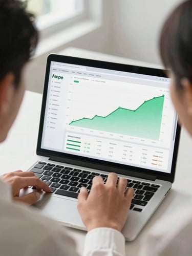 Over-the-shoulder shot of a young Indonesian professional in a bright modern workspace, analyzing a clean financial dashboard with green growth curves on a laptop screen, soft natural side lighting.